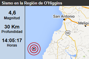 Sismo de 4,6 Richter se percibió esta tarde en las regiones de Valparaíso y O'Higgins
